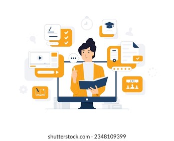 Female teacher teaching in classroom from online course while holding book, video conference with student, tutorial, training, lecture, education concept illustration