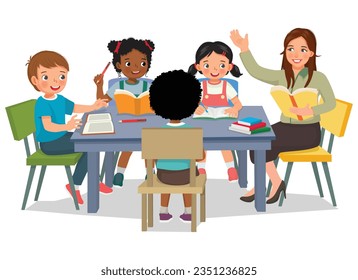 Female teacher teaching explaining and discuss lesson with her students at the table 