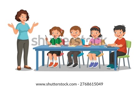 Female teacher teaching explaining and discuss lesson with students sitting at the table