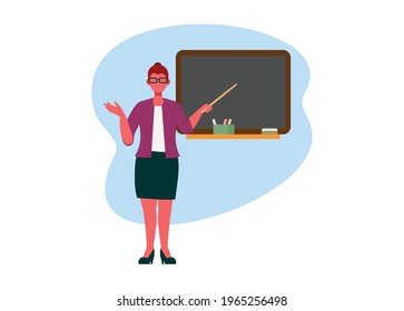 Female teacher teaching in front of class. Simple flat illustration.
