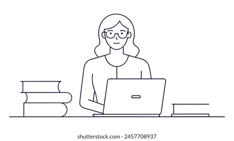 Female teacher is teaching, half of her body is out of laptop screen and beside her is pile of books. internet class. One continuous single line hand drawing