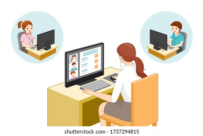 Female Teacher Teaching Student Online With Desktop Computer, Social Distancing Concept, Online Learning, Safety From Coronavirus Disease, Covid-19, Educational, Instruction, Sanitary, Healthcare