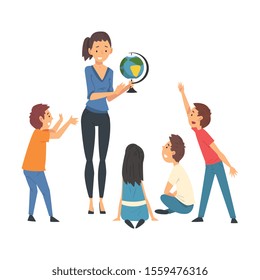 Female Teacher Teaching Students in Classroom at Geography Lesson Vector Illustration