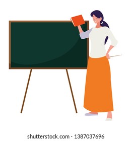 female teacher with textbook and chalkboard