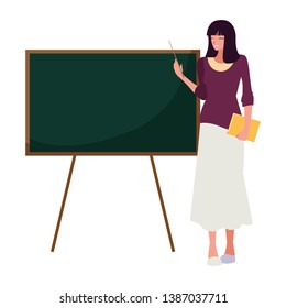 female teacher with textbook and chalkboard