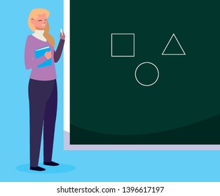 female teacher with textbook and chalkboard vector illustration design