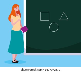 female teacher with textbook and chalkboard vector illustration design