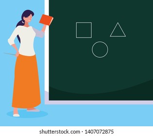 female teacher with textbook and chalkboard vector illustration design