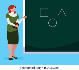 female teacher with textbook and chalkboard vector illustration design