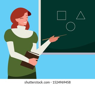 female teacher with textbook and chalkboard vector illustration design
