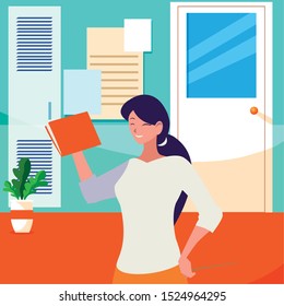 female teacher with textbook in corridor school vector illustration design