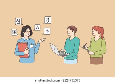 Female teacher or tutor of foreign languages held lesson for diverse students. Woman translator help people understanding and interpreting. Translation and teaching service. Vector illustration. 