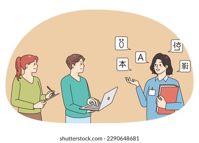 Las profesoras o tutoras de lenguas extranjeras imparten clases a estudiantes diversos. La traductora ayuda a la gente a entender e interpretar. Servicio de traducción y enseñanza. Ilustración vectorial.