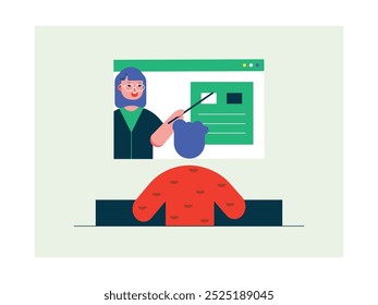 Female teacher tutoring a child online at home, pandemic learning. Character design. Vector flat illustration