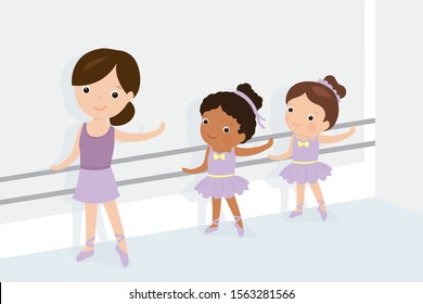 Female teacher and two cartoon girls ballerinas training in classroom. Ballet dancer schoolgirls. Multiethnic preschool kids characters. Lesson in ballet school. Flat vector illustration