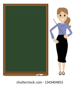 Female teacher vector illustration. Teacher with pointer, smiling teacher showing on chalkboard .