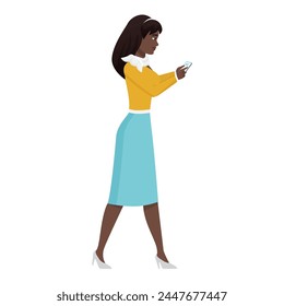 Female teacher walking with mobile phone, woman texting and reading news vector illustration