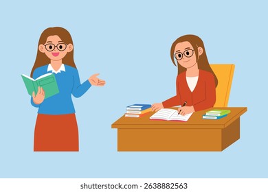 Female teacher wearing eyeglasses checking student's homework at desk illustration, Female Teacher Teaching While Holding a Book, Woman Tutor Wearing Eyeglasses Reading Book and Pointing hand 