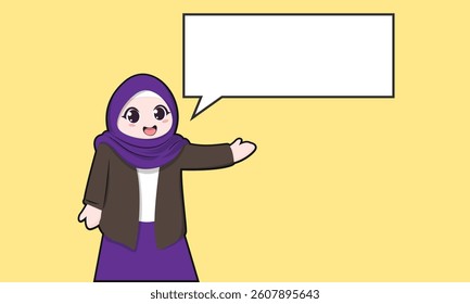 Female teacher wearing hijab is teaching her students with a smile. flat cartoon character with bubble chat and speech bubble symbol.