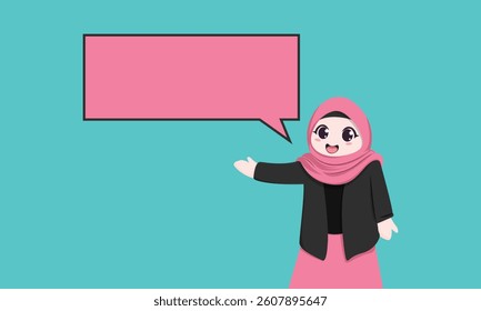 Female teacher wearing hijab is teaching her students with a smile. flat cartoon character with bubble chat and speech bubble symbol.