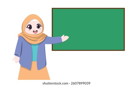 Female teacher wearing hijab is teaching her students in front of the blackboard. Flat cartoon cute character. Greenboard.
