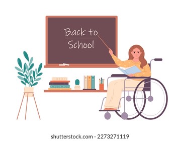 Female teacher in wheelchair at classroom near blackboard. Education, lecture and lesson at school. Back to school. Vector illustration in flat style
