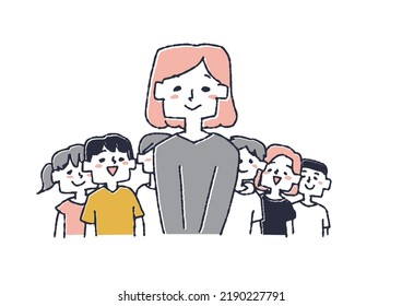  A female teacher who is loved by many children Illustration of teachers and staff involved in education with love
