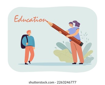 Female teacher writing education for boy vector illustration. Cartoon woman with big pencil teaching male student with backpack. Pupil learning to read. Education, lettering, knowledge concept