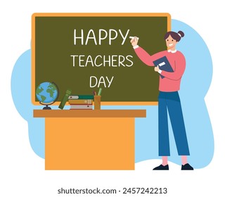 female teacher writing happy teachers day on the blackboard