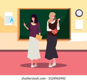 female teachers couple with in the classroom vector illustration design
