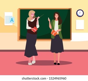 female teachers couple with in the classroom vector illustration design