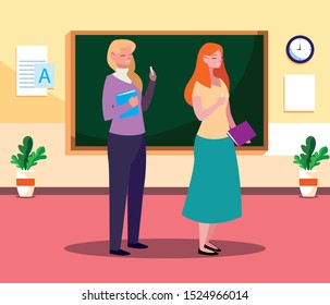 female teachers couple with in the classroom vector illustration design