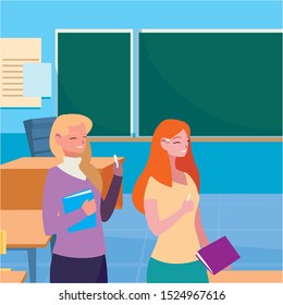 female teachers couple with in the classroom vector illustration design