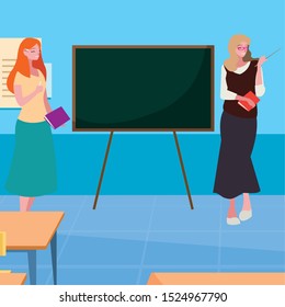 female teachers couple with in the classroom vector illustration design