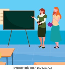 female teachers couple with in the classroom vector illustration design