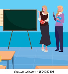 Female Teachers Couple Classroom Vector Illustration Stock Vector