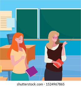 female teachers couple with in the classroom vector illustration design