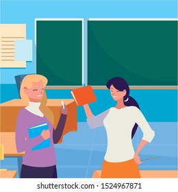 female teachers couple with in the classroom vector illustration design