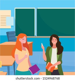 female teachers couple with in the classroom vector illustration design