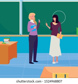 female teachers couple with in the classroom vector illustration design