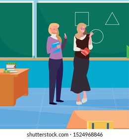 female teachers couple with in the classroom vector illustration design