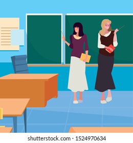 female teachers couple with in the classroom vector illustration design