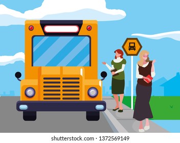 Female Teachers Couple Stop Bus Characters Stock Vector (Royalty Free ...