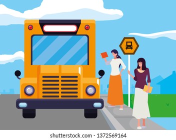female teachers couple in stop bus characters
