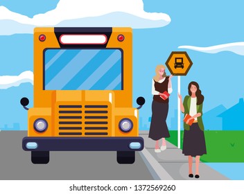 female teachers couple in stop bus characters
