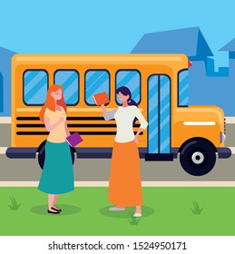 female teachers couple in stop bus characters vector illustration design