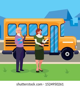 female teachers couple in stop bus characters vector illustration design