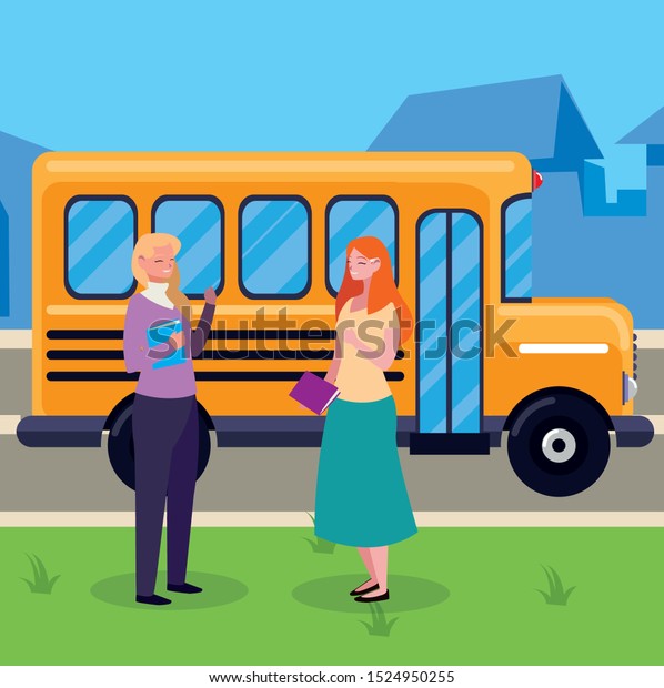 female teachers couple in stop bus characters\
vector illustration\
design