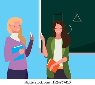 female teachers couple with textbooks and chalkboard vector illustration design
