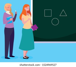 female teachers couple with textbooks and chalkboard vector illustration design